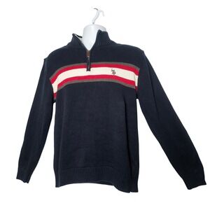 U.S. Polo Assn Soft Chest Stripe 1/4 Zip Sweater Men M Navy‎ Cotton Preppy